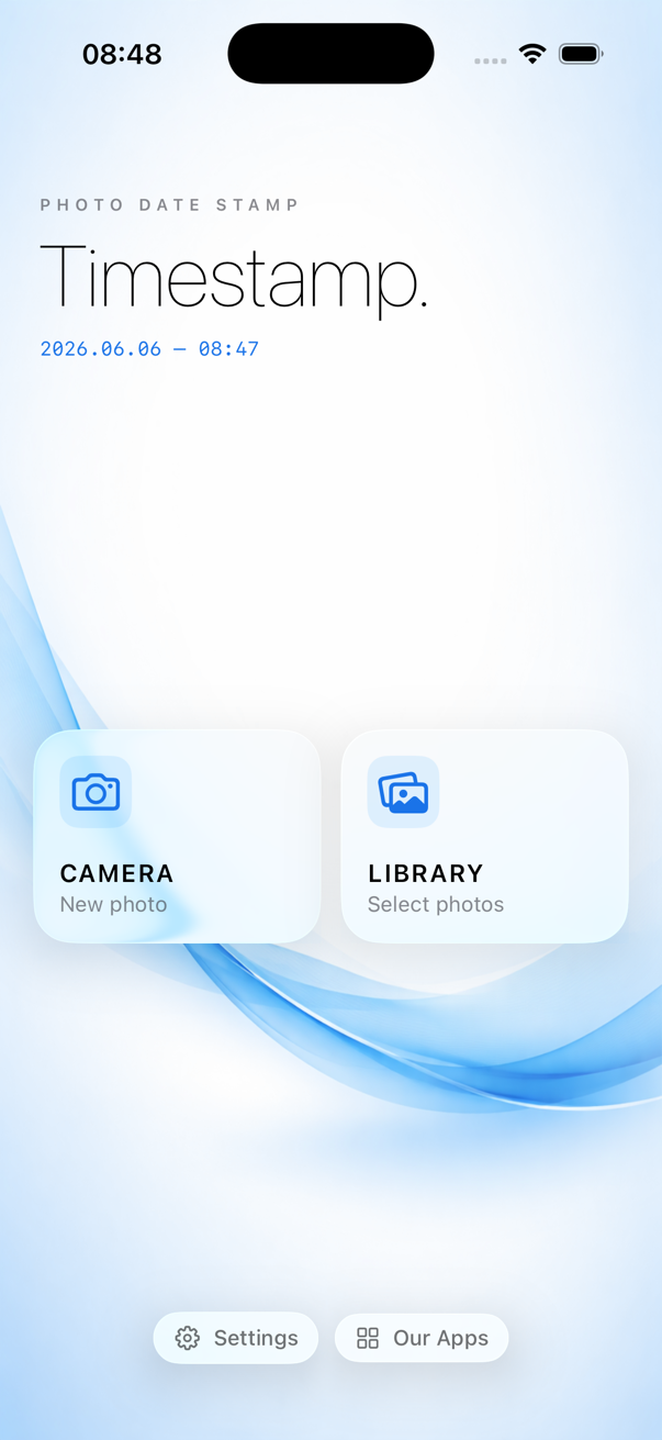 Timestamp app home screen showing Camera and Library options with today's date and time